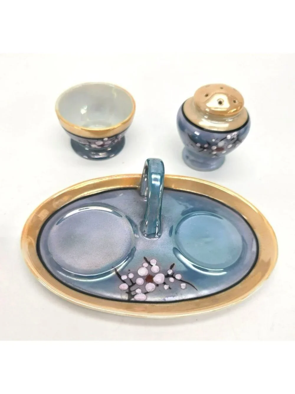 Vintage Lusterware Egg Coddler & Salt Shaker Set With Tray Blue Peach je160